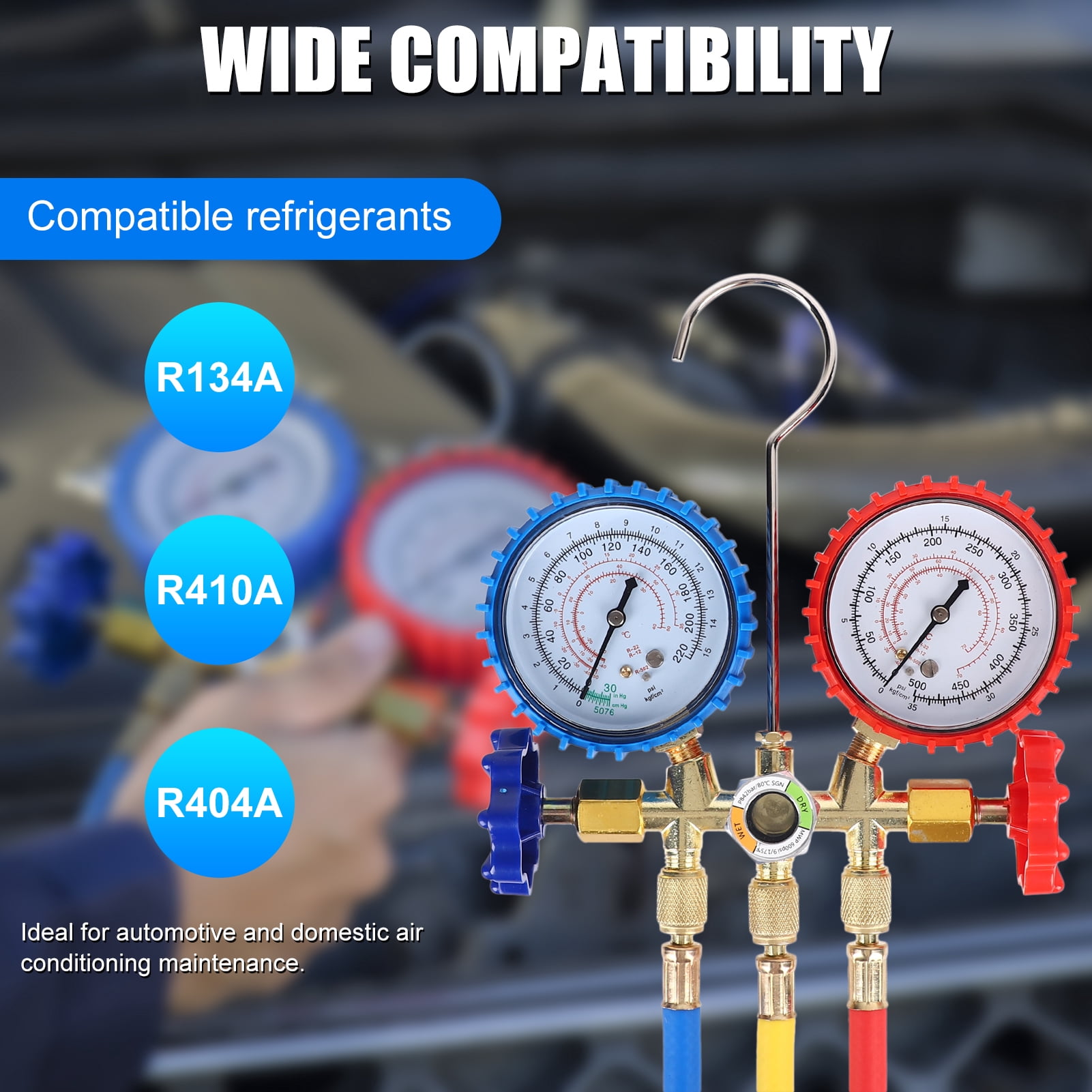 CACAGOO Ac Manifold Gauge Hose Kit Ac Gauge Set 3 Way AC Manifold Gauge Set For R134A, R410A, R404A Refrigerants, With Quick Couplers, 410 Adapter, Puncturing Can Tap, Valve Core Tool