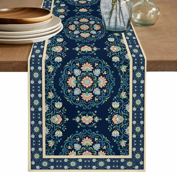 Teal Boho Floral Table Runner 108 Inches Long,Ethnic Tribe Farmhouse Artwork Cotton Linen Table Runners Dresser Scarves,Decorative Fabric Tabletop Scarf Furniture Cover for Home Dinner Party 13"x108"