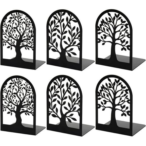 HappyHapi Book Ends, Metal Bookends for Shelves Decorative, Tree Stopper for Heavy Books, Black Ends to Hold Books for Home Office, 6.5 X 4.7 X 3.5 Inch(3 Pairs/6 Pcs, Large)