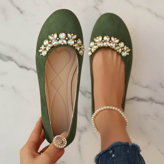 Crunowin Women's Covered Heel Flats, Pearl Trim Rhinestone Accent Shallow-Toe Chic Comfortable Loafers Green