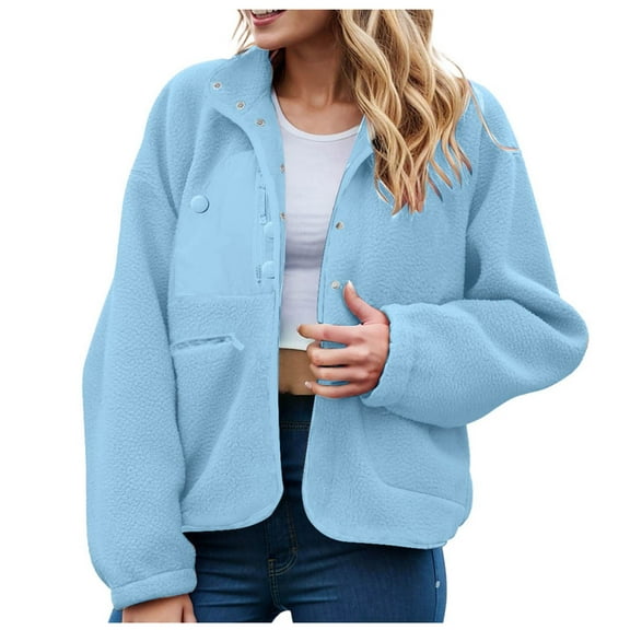 adviicd Womens Fleece Jacket Long Sleeve Short Coats Button Down Outerwear with Pockets Blue, L