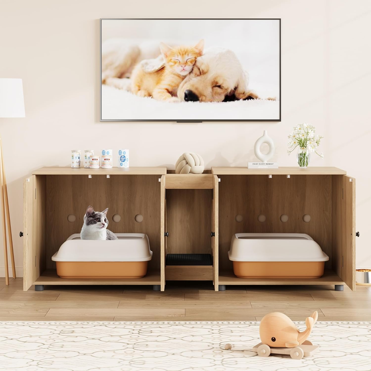 DSstyles Cat Litter Box Enclosure 55.1" Double Litter Box Furniture Large Cat Box Enclosure Kitty Litter Box for 2 Cats Hidden Cat Litter Cabinet Double Cage with Cat Litter pad Rattan Door