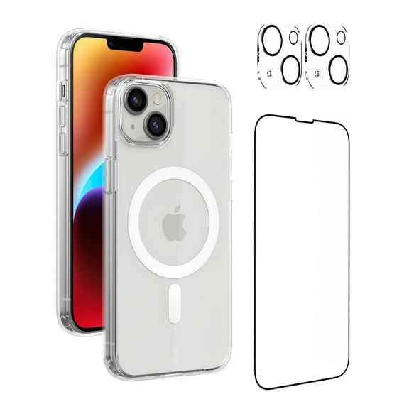 Slim iPhone 14/13 Case Compatible with MagSafe, Magnetic iPhone 14/13 Clear Case Slim [Anti-Yellowing Technology] with Two Camera Lens Protector and Tempered Glass Screen Protector - HD