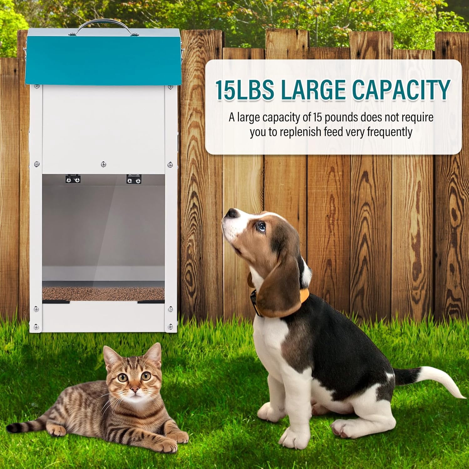 Automatic Dog Feeder Outdoor Galvanized Dog Food Dispenser 15lbs Pet Cat Feeding Station Metal Gravity Feeder for Puppy, Dog, Cat
