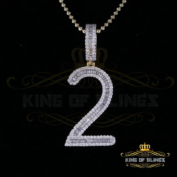 King of Bling's Yellow 925 Silver Baguette Numeric Number 2 Pendant 4.50ct Cubic Zirconia Stone