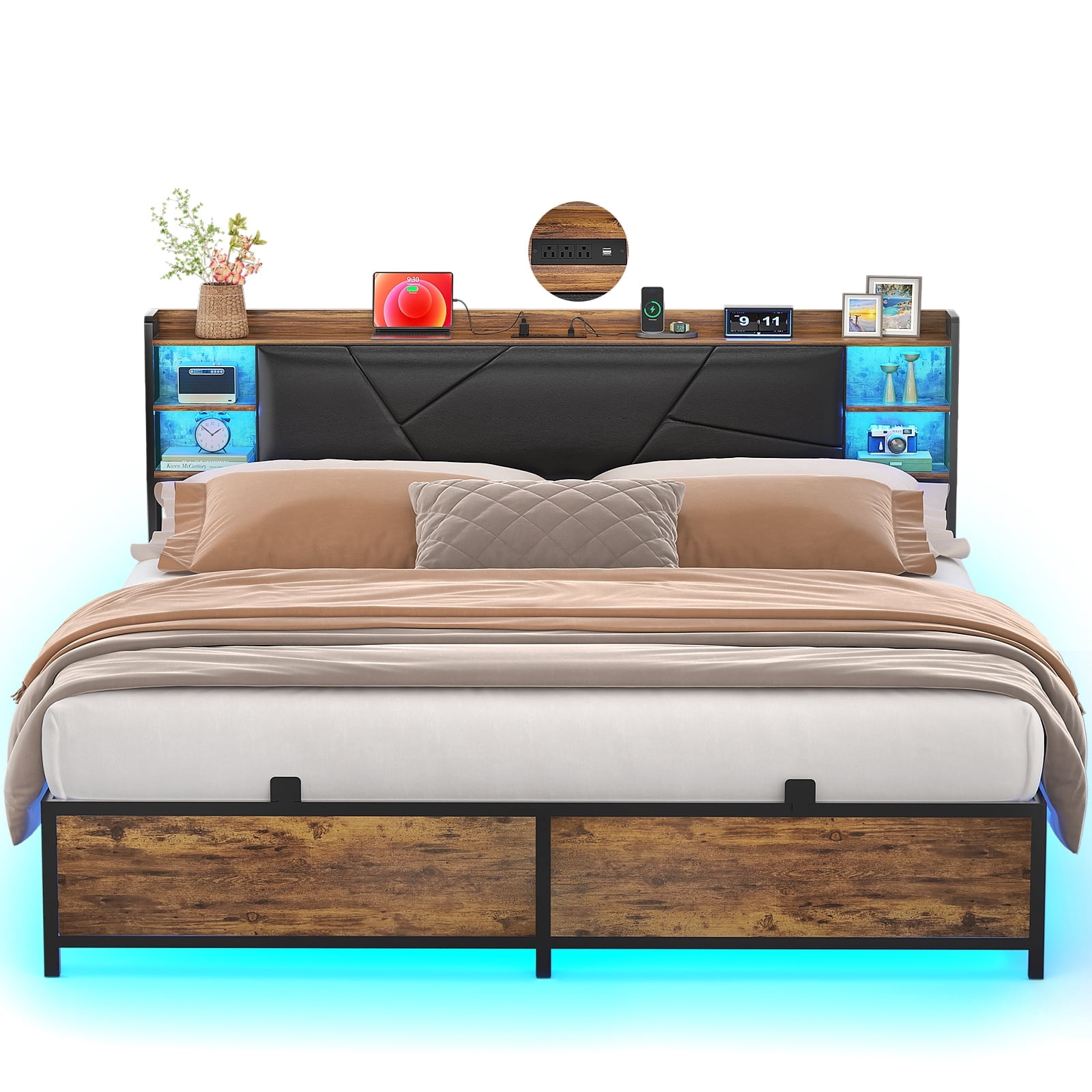 Homieasy King Size Bed Frame with USB Charging & RGB LED Lights, Upholstered Headboard, Metal Slats, No Box Spring, Easy Assembly,Rustic Brown