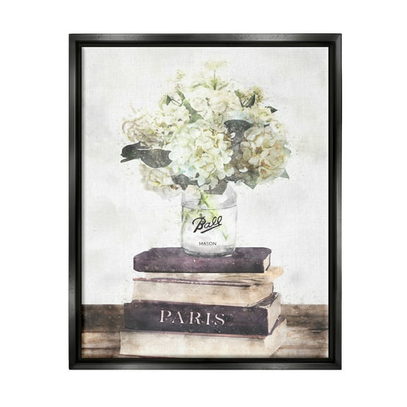 Stupell Industries Delicate White Florals on Parisian Bookstack Jet Black Framed Floating Canvas Wall Art, 16x20, by Ziwei Li
