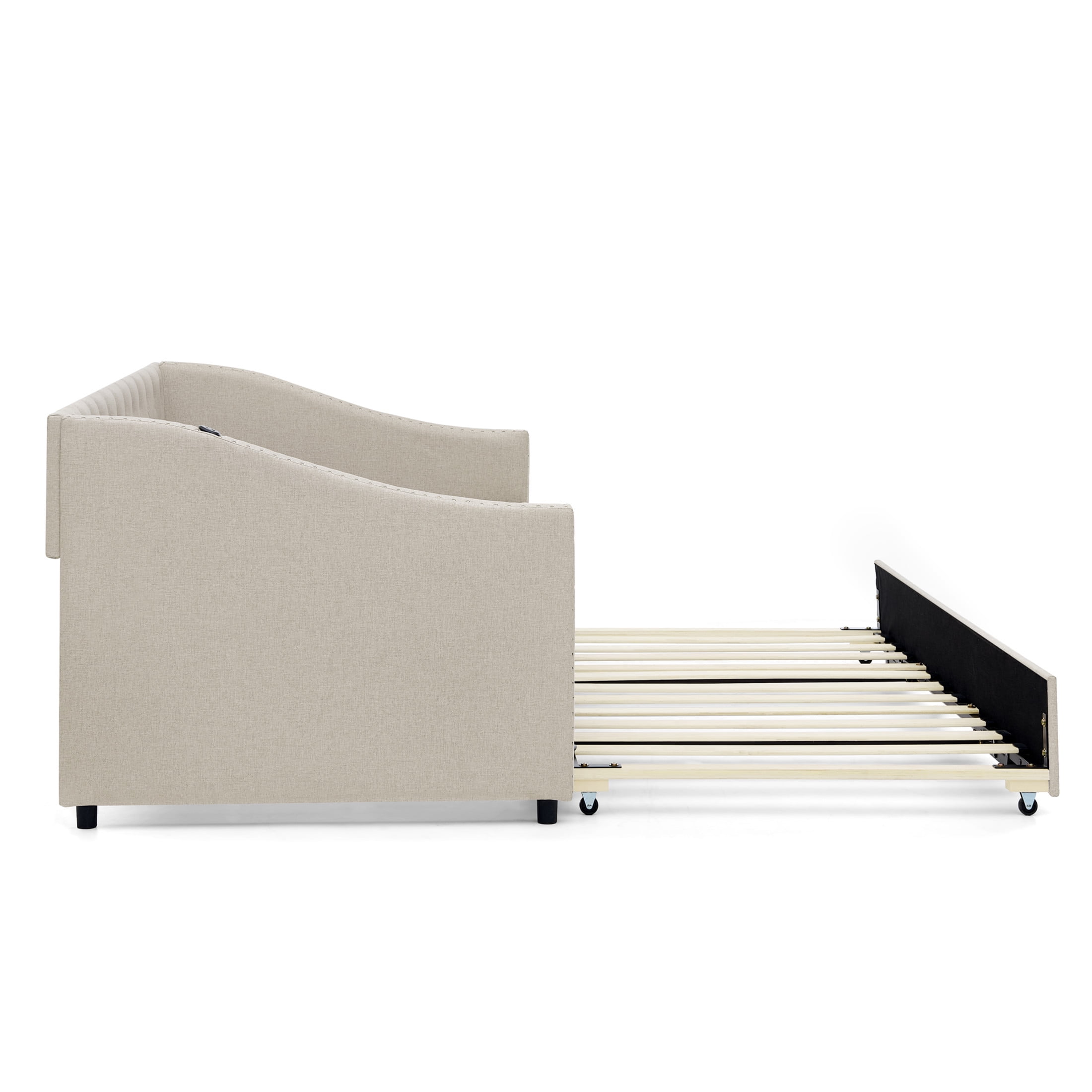 Noble House Liza Twin Size Upholstered Tufted Daybed, Extendable Pull-out Double Bed Frame with Charging Port, Beige