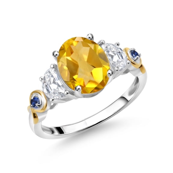Gem Stone King 925 Silver and 10K Yellow Gold 3-Stone Ring Oval Yellow Citrine and Moissanite (2.00 Cttw, Size 6)