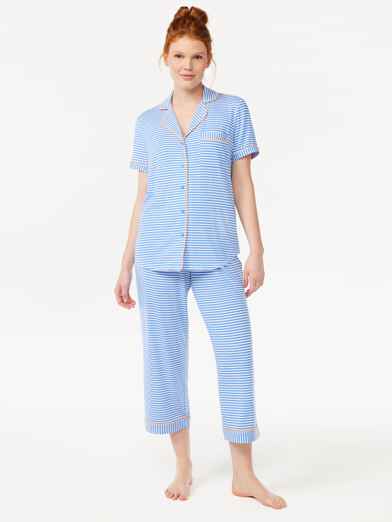 Joyspun Women's Knit Notch Collar Top and Capris Sleep Set, 2-Piece, Sizes S to 5X