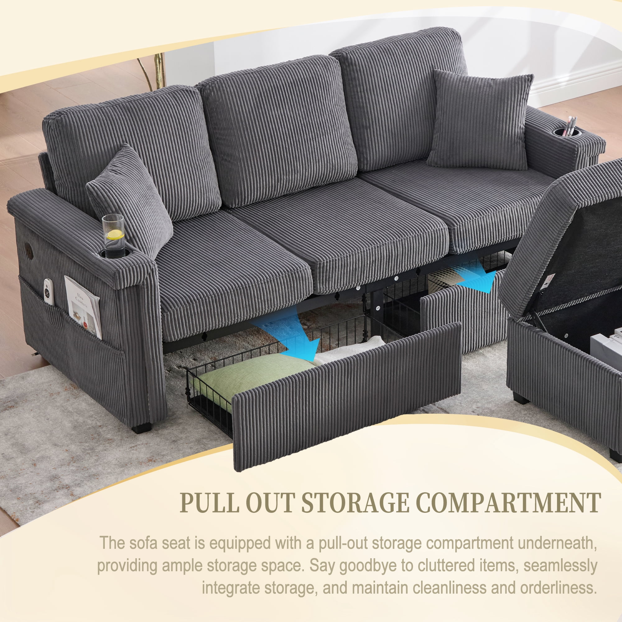 MOONMISS Corduroy Upholstered L-shaped Pull-Out Storage Sectional Sofa with Storage Ottoman,USB Charging,Cup Holder-Gray