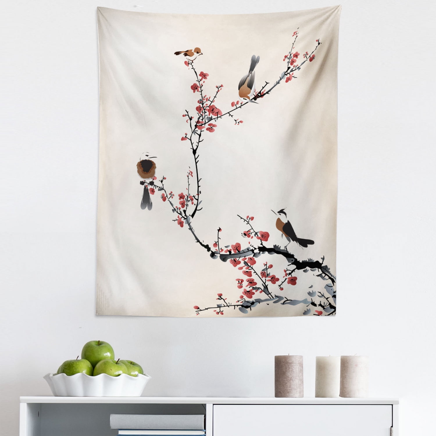 Tree Tapestry, Birds on Cherry Summer Classic Oriental Illustration Pastel  Colored Design, Fabric Wall Hanging Decor for Bedroom Living Room Dorm,  Sizes, Pale Caramel Ruby, by Ambesonne