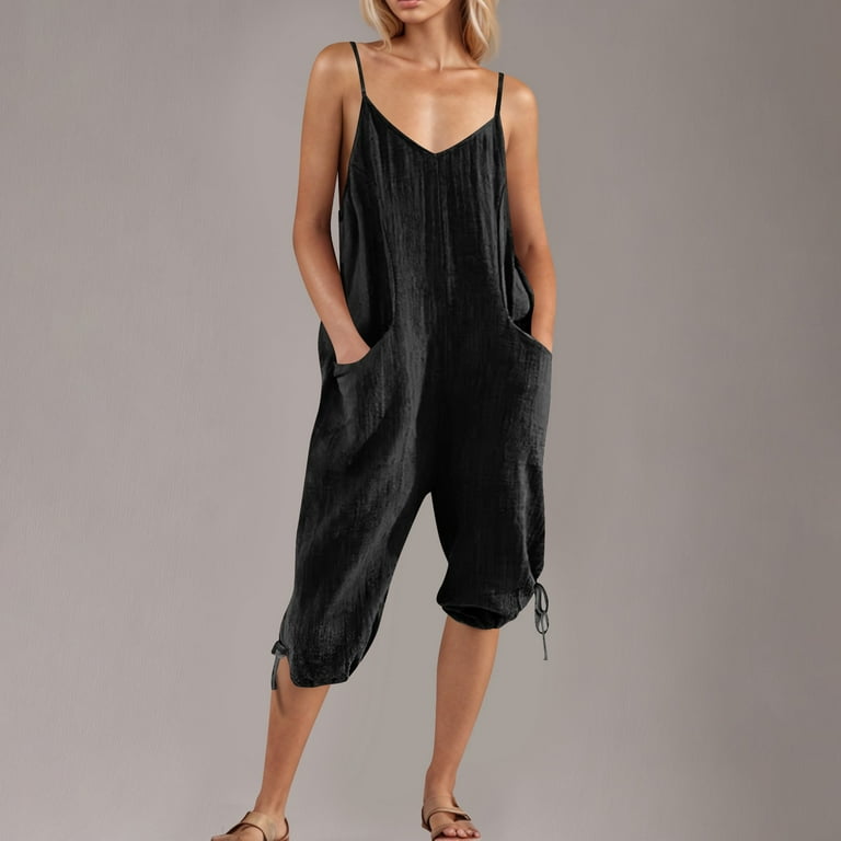 Crop Pants Black Linen Cropped Jumpsuit QATAINLAV Womens Linen
