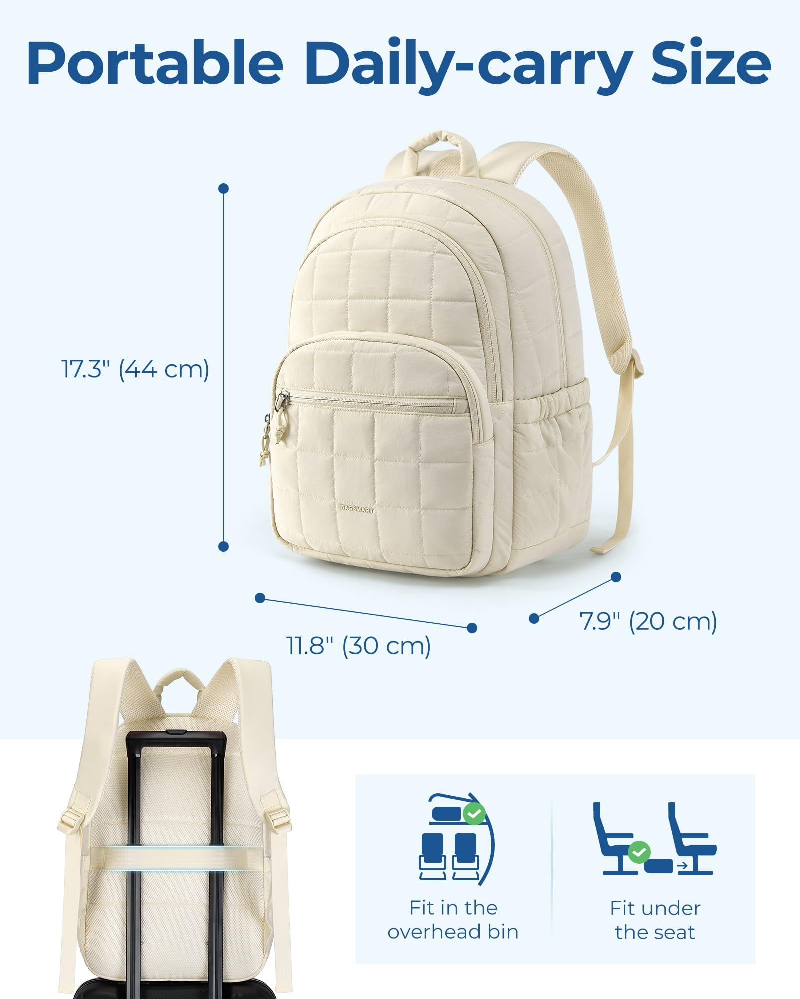 BAGSMART College Backpack, Lightweight Bookbag with 15.6 inch Laptop Compartment, Fashion Daypack for Casual Work Commuter, Cream