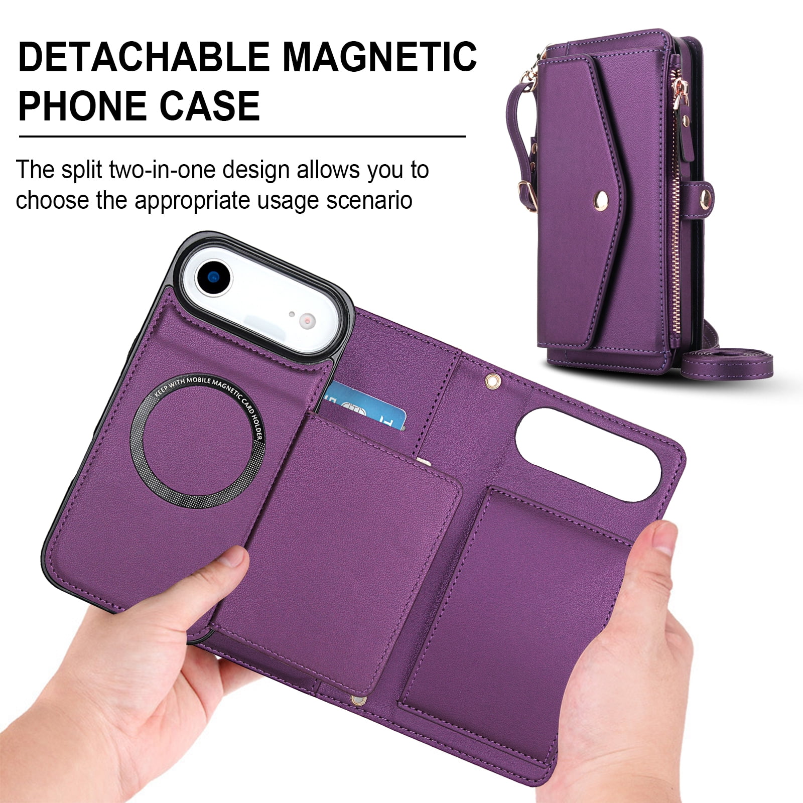 Designed for iPhone 17 Air Multi-Function Wallet Phone Case,With Shoulder Strap&Wrist Strap,Cash Pocket&Card Slots,Zipper Purse,Magnetic Detachable PU Leather Flip Phone Case,Purple