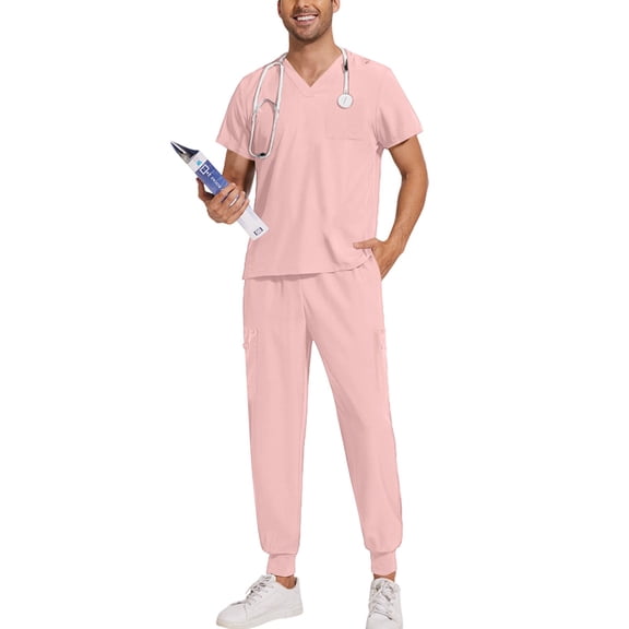 Solid V Neck Short Sleeve Medical Scrub Set For Men Stretch Quick Dry Multi Pocket Drawstring Jogger Nurse Uniform Pink L