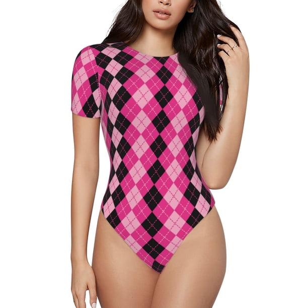 Balery pink and black argyle Body de cuello redondo de manga corta para mujer Tops de manga corta Tops básicos-Small