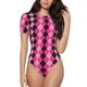 thumbnail image 1 of Balery pink and black argyle Body de cuello redondo de manga corta para mujer Tops de manga corta Tops básicos-Small, 1 of 7