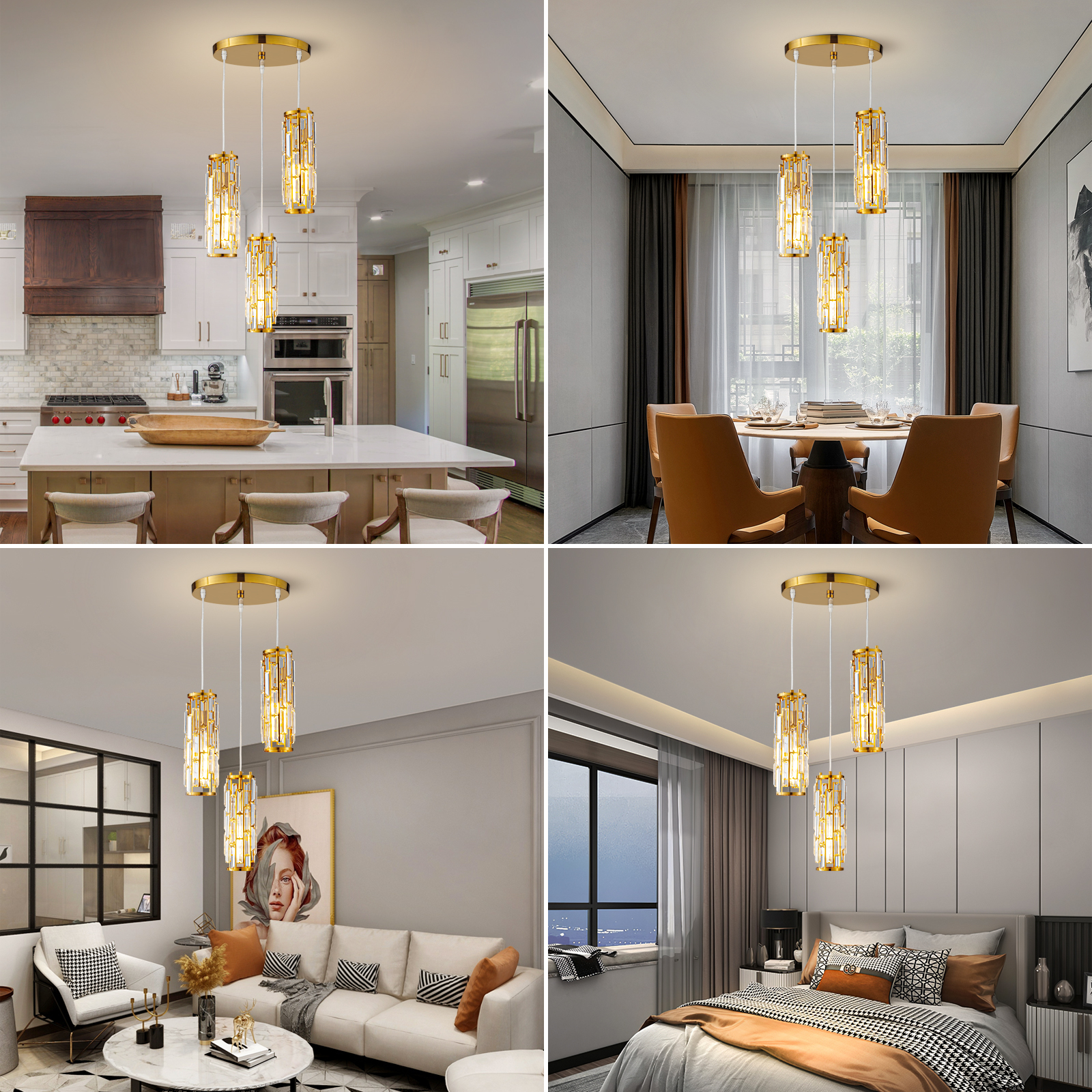 Modern Pendant Lighting, ZHLWIN Mini Crystal Chandeliers,Adjustable Pendant Light Fixture for Kitchen Island Dinning Room Bedroom, Gold