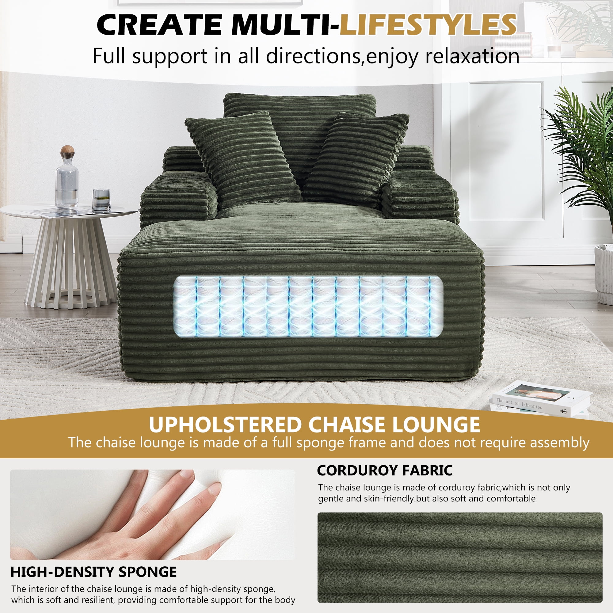 Gewnee Oversized Corduroy Sofa Bed, No Assembly Required, Sturdy & Durable, Equipped with 3 Soft Pillows, Ideal for Living Room，Green