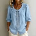 thumbnail image 2 of GERsome Short Sleeve T-Shirts for Women Button Down Summer Comfy Cotton Linen Summer Collared Tops,Light Blue,Size L, 2 of 9