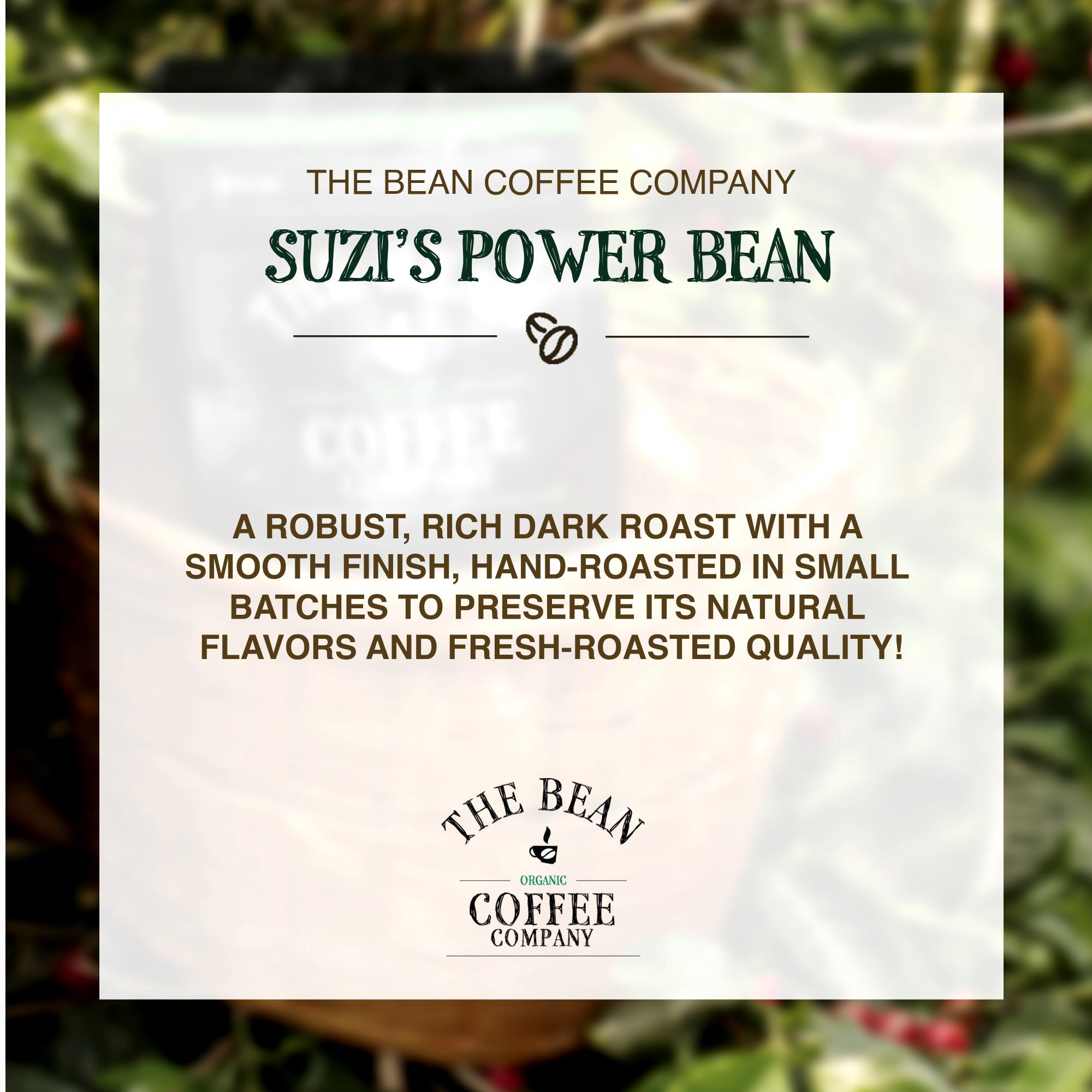 The Bean Organic Coffee Company Suzi's Power Bean, Dark Roast, Ground Coffee, 16-Ounce Bag