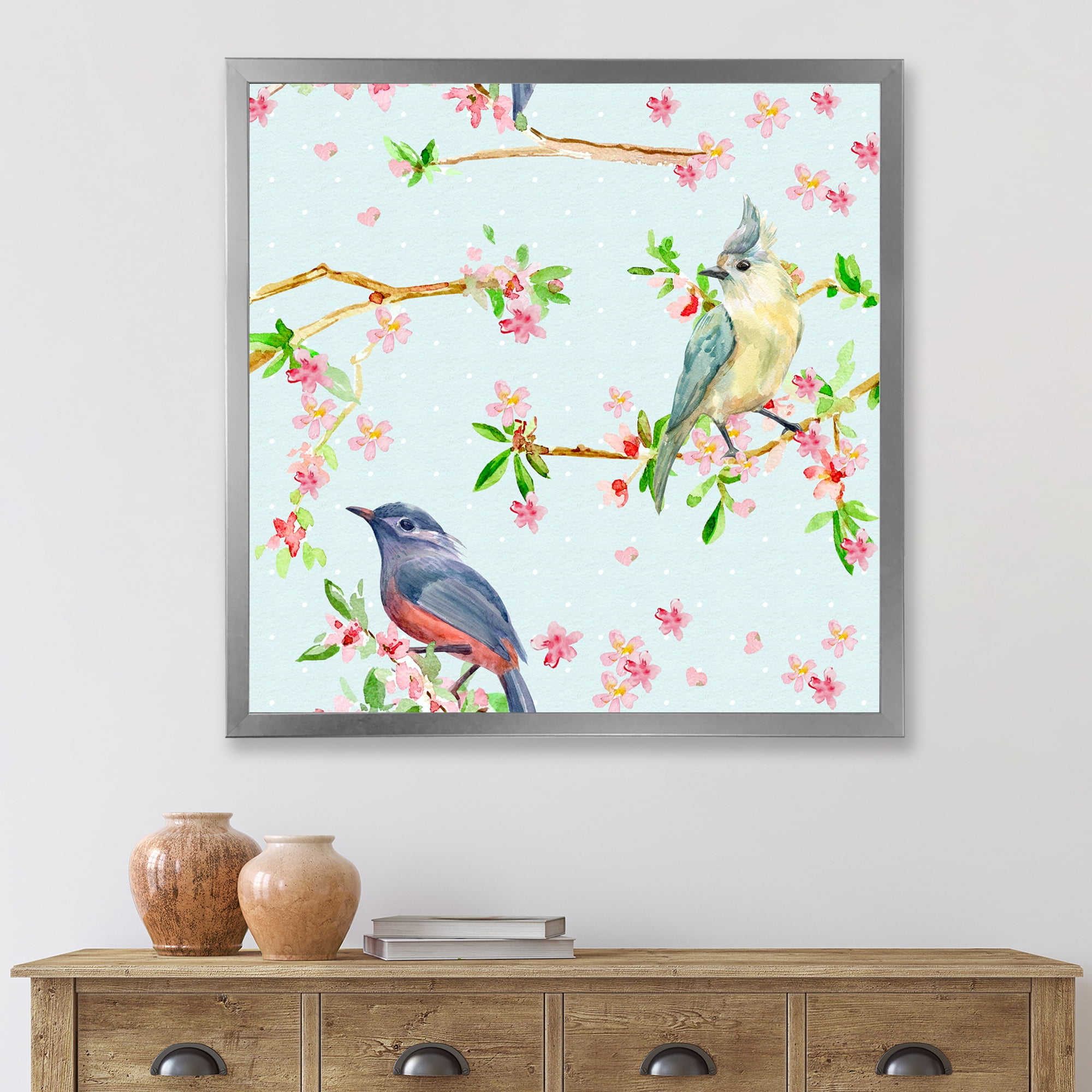 Designart 'Birds and Flowers Pattern In Blue' Traditional Framed Art Print