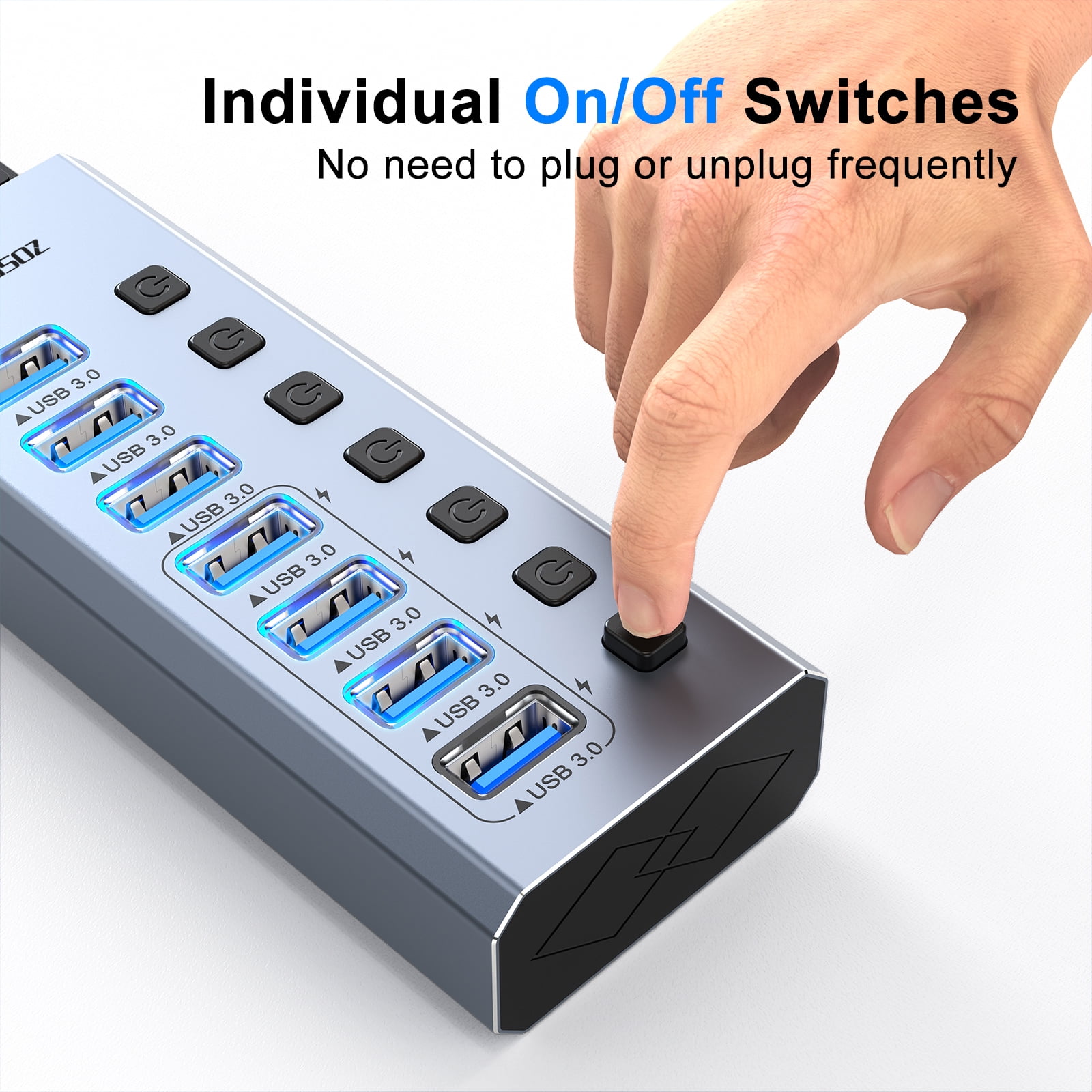 Powered USB Hub 3.0 with ac Adapter -7 USB 3.0 Data Transfer Ports, 4 Charging Ports with Individual On/Off Switches, Power Adapter Included