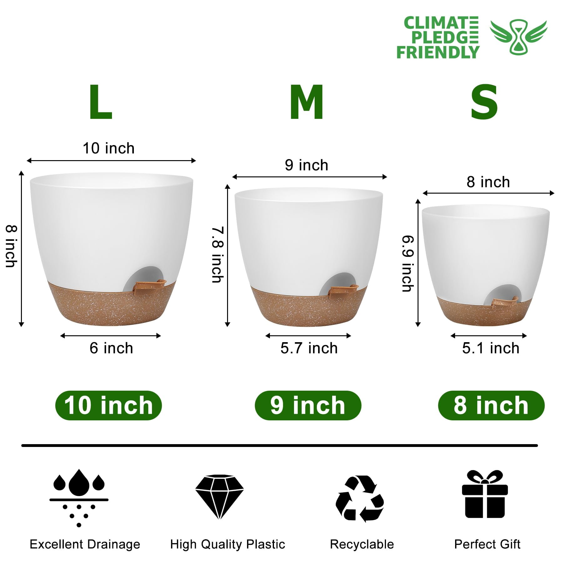 Self Watering Plant Pots Set of 5 with Drainage Holes and Saucers, Plastic Flower Planters for Indoor and Outdoor Gardening, Various Sizes