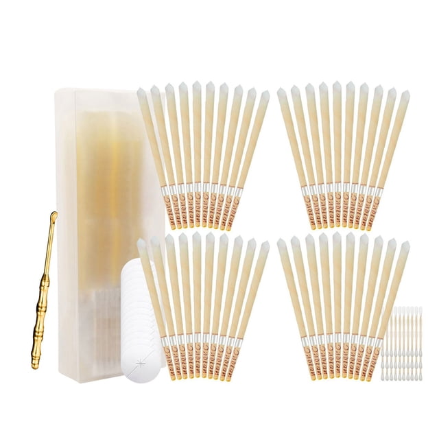 Kit de velas para los oídos de cera de abeja natural: 40 pequeñas + 20 normales con bastoncillos y cuchara; aromaterapia a base de hierbas; desintoxicación y alivio del estrés