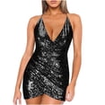 thumbnail image 2 of LSLJS Robe de Soirée Sexy pour Femmes Col Montant à Lacets Manches Longues à Sequins Dos Ouvert Jupe Courte, Robe d'Été Plage, 2 of 6