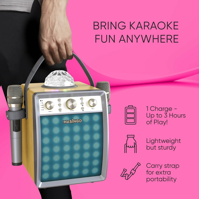 MASINGO Karaoke Machine for Adults and Kids with 2 Wireless Microphones,  Portable Singing PA Speaker System Set with 2 Bluetooth Mics, Disco Ball