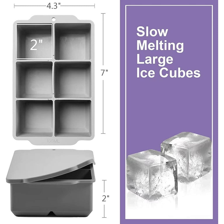 Bangp Large Ice Cube Trays with Lids 2 Pack Molds for Freezer,Easy Release Silicone 8 Big Square Ice Cubes per Tray Ideal for Cocktails,Whiskey,Soups