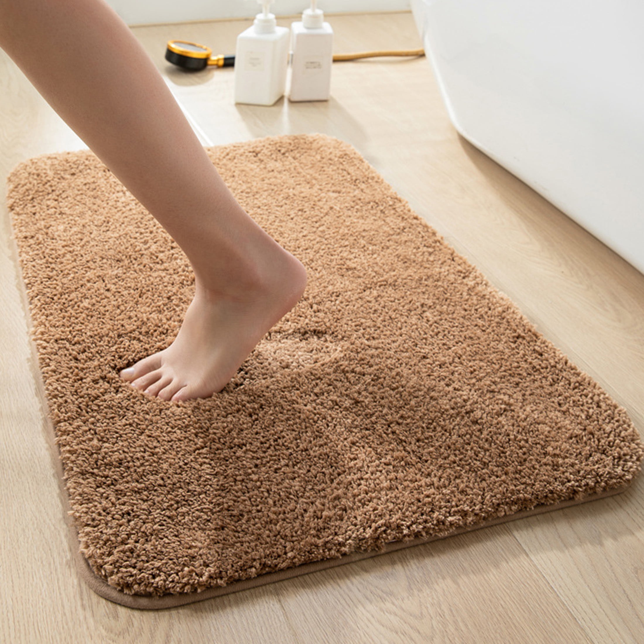 LAMIRO Shag Bath Rug, Non Slip Bath Mat for Bathroom, 16"x24", Brown, Machine Wash