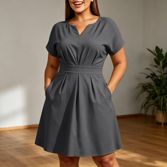 Karymi Plus Size Notch V-Neck A-Line Dress, Short Sleeve Waist Pleated Flare Dress with Pockets, Solid Casual Work Dress Maxi Dress