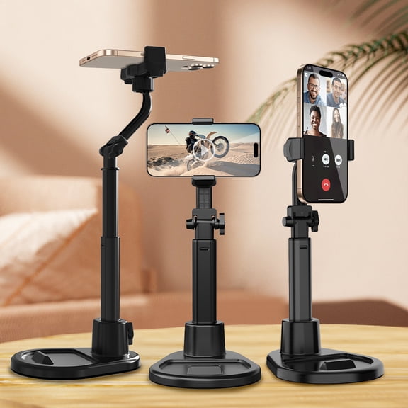 Cell Phone Stand for Desk,360°Rotating Adjustable Angle Height Phone Holder with Stable Metal Base Antislip Recording Chat Tilting Stand Retractable Cell Phone Stand Office Accessories,4.7"-7",Black