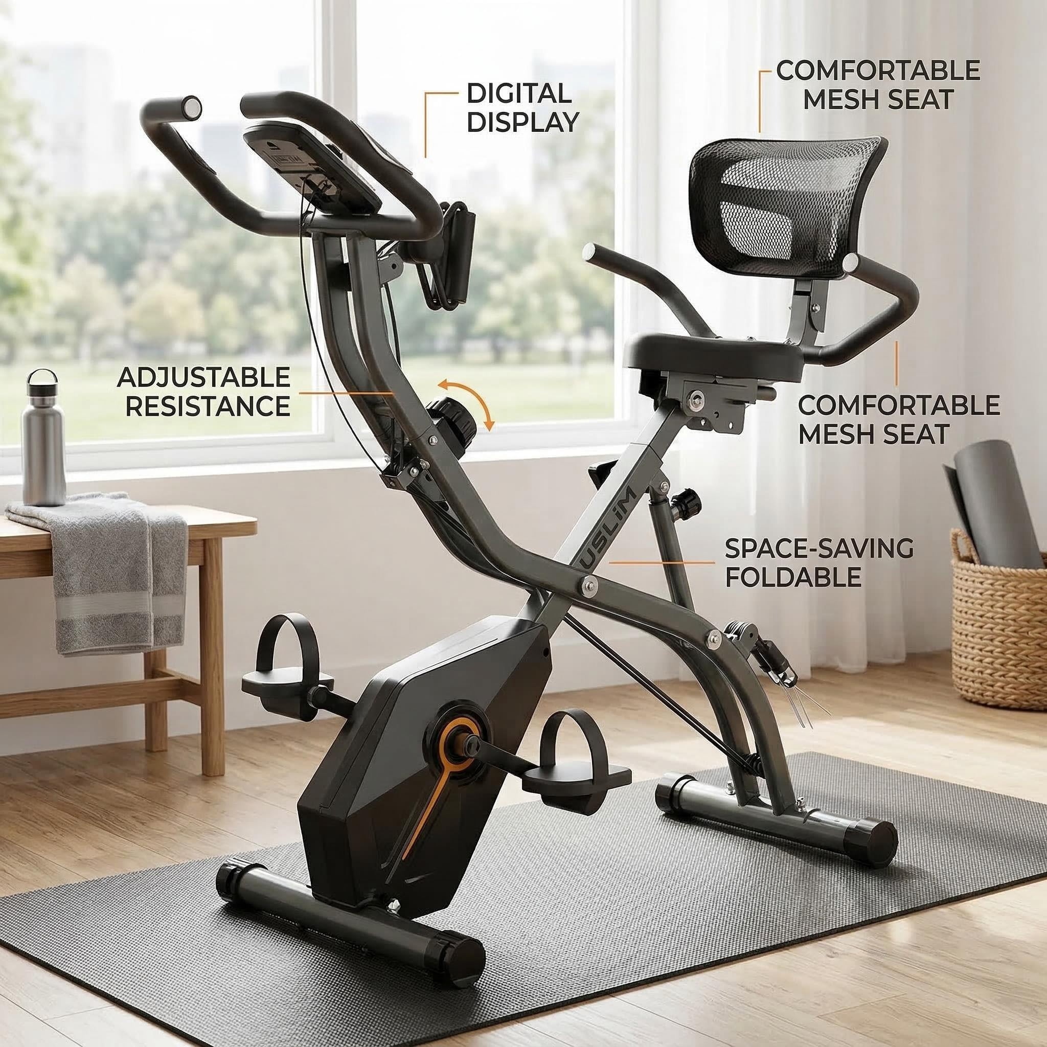 USLIM Foldable 5-in-1 Exercise Bike with Wide Seat and Backrest, Quiet Stationary Bike with 16-Level Magnetic Resistance, 300 lb Capacity