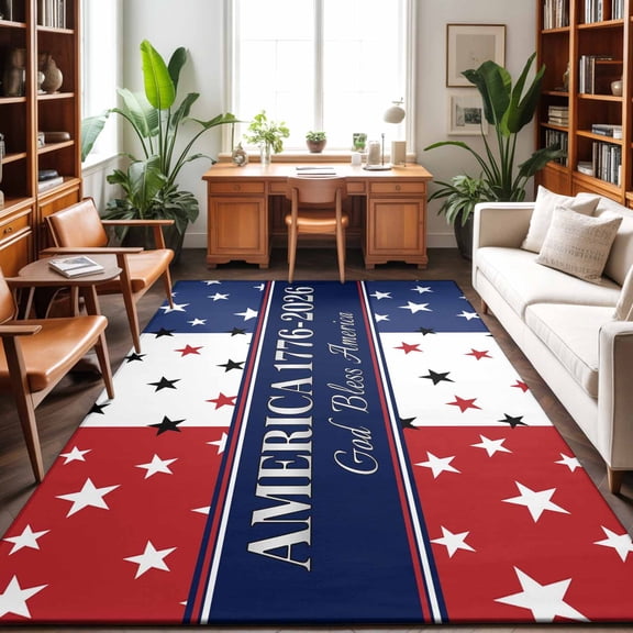 Large Area Rugs 6'x9', America Flag Carpet Runner Indoor Outdoor Rugs Home Decor Aesthetic, Red Blue White Star Independence Day Non Slip Mats Washable Accent Rug for Living Room Bedroom