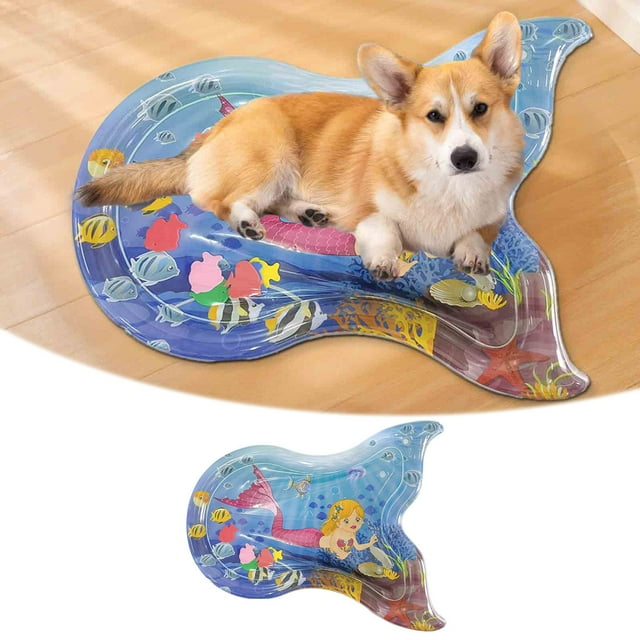 Thickened Pet Water Play Mat Interactive Floating Fish Design Summer Pad for Indoor Dogs and Cats with Inflation Tools