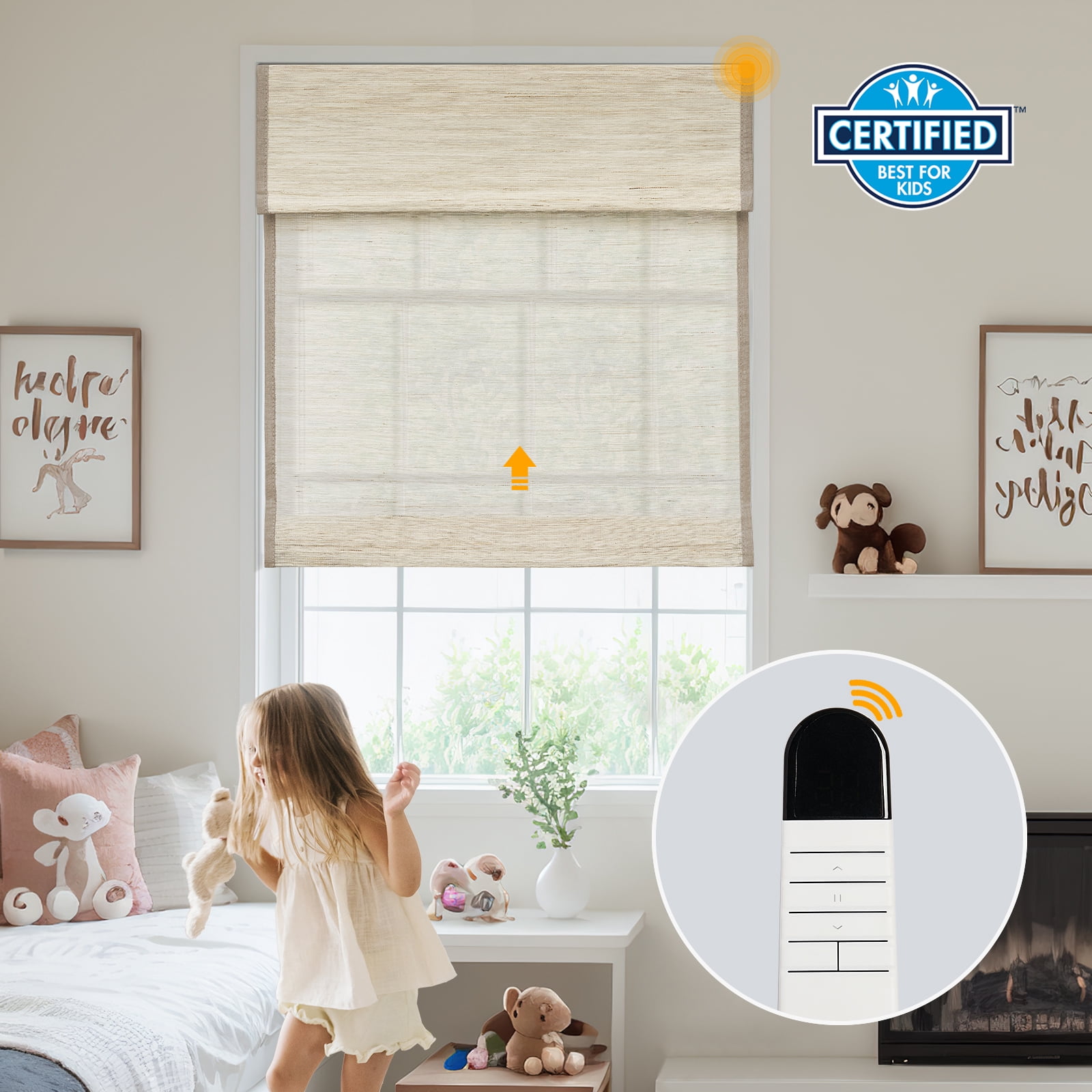 Keego No Drill Motorized Roman Shades Natural Fabric Rechargeable Electric Window Blinds Remote Control Room Darkening Window Treatment - Beige (with Linen, Block 40%-50% Light) - 50"W x 48"H
