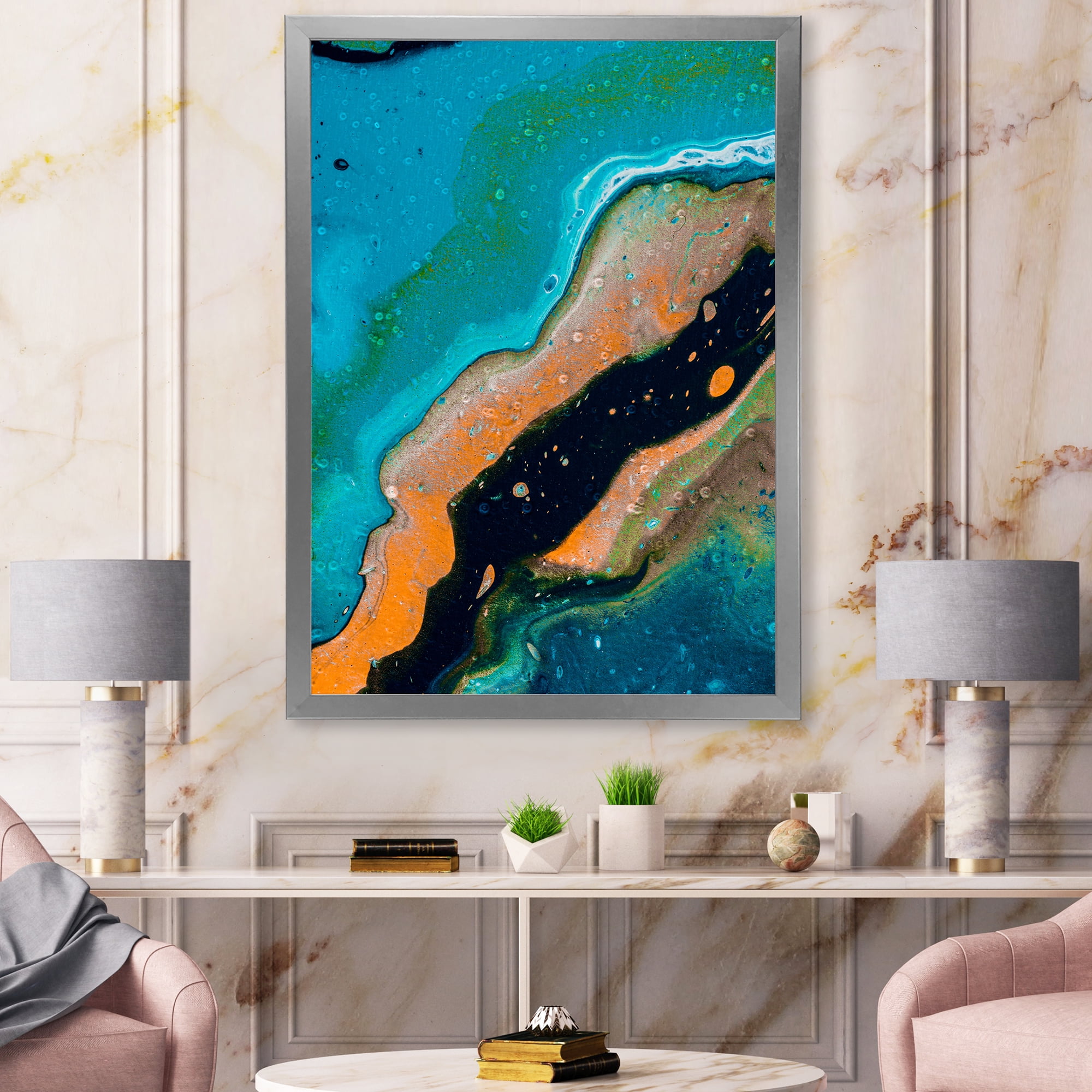 Designart 'Abstract Marble Composition In Orange and Blue II' Modern Framed Art Print