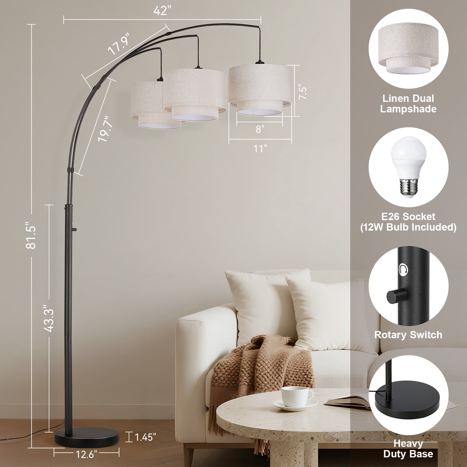 SUNMORY 3 Lights Tree Floor Lamp, 81.5" Tall Standing Lamp with Hanging Dual Drum Linen Shade, Modern Arc Floor Lamps with Heavy Base & 3 Bulbs, Mid Century Arched Floor Lamp for Living Room, Bedroom
