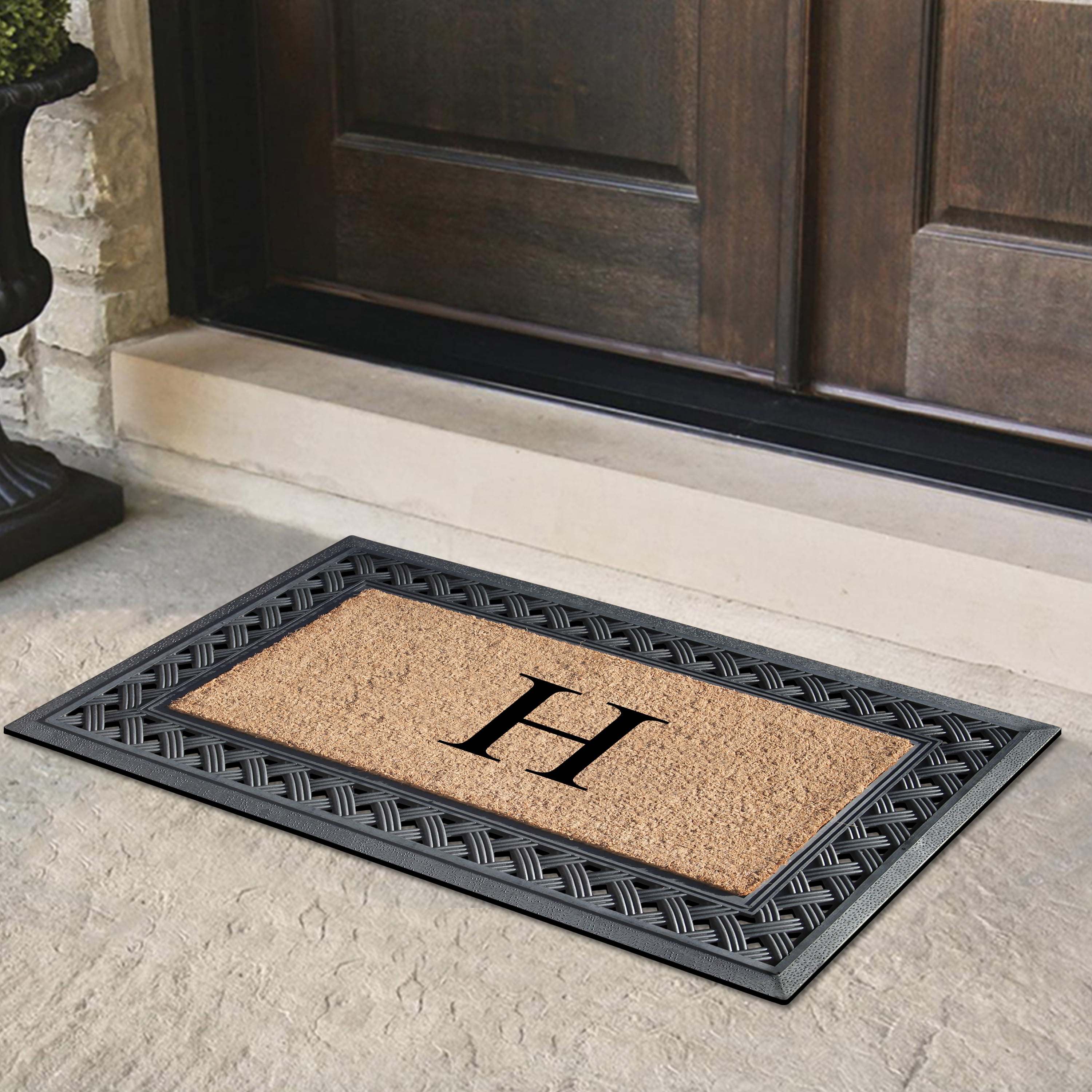 A1 Home Collections Paisley Rubber and Coir Outdoor Doormat, Non-Slip Backing, Black/Beige 23 x 38