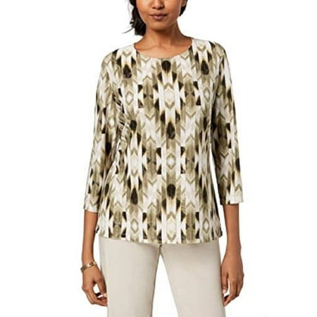JM Collection Petite Printed Jacquard Top (Olive Adobe Ikat, P/XL)