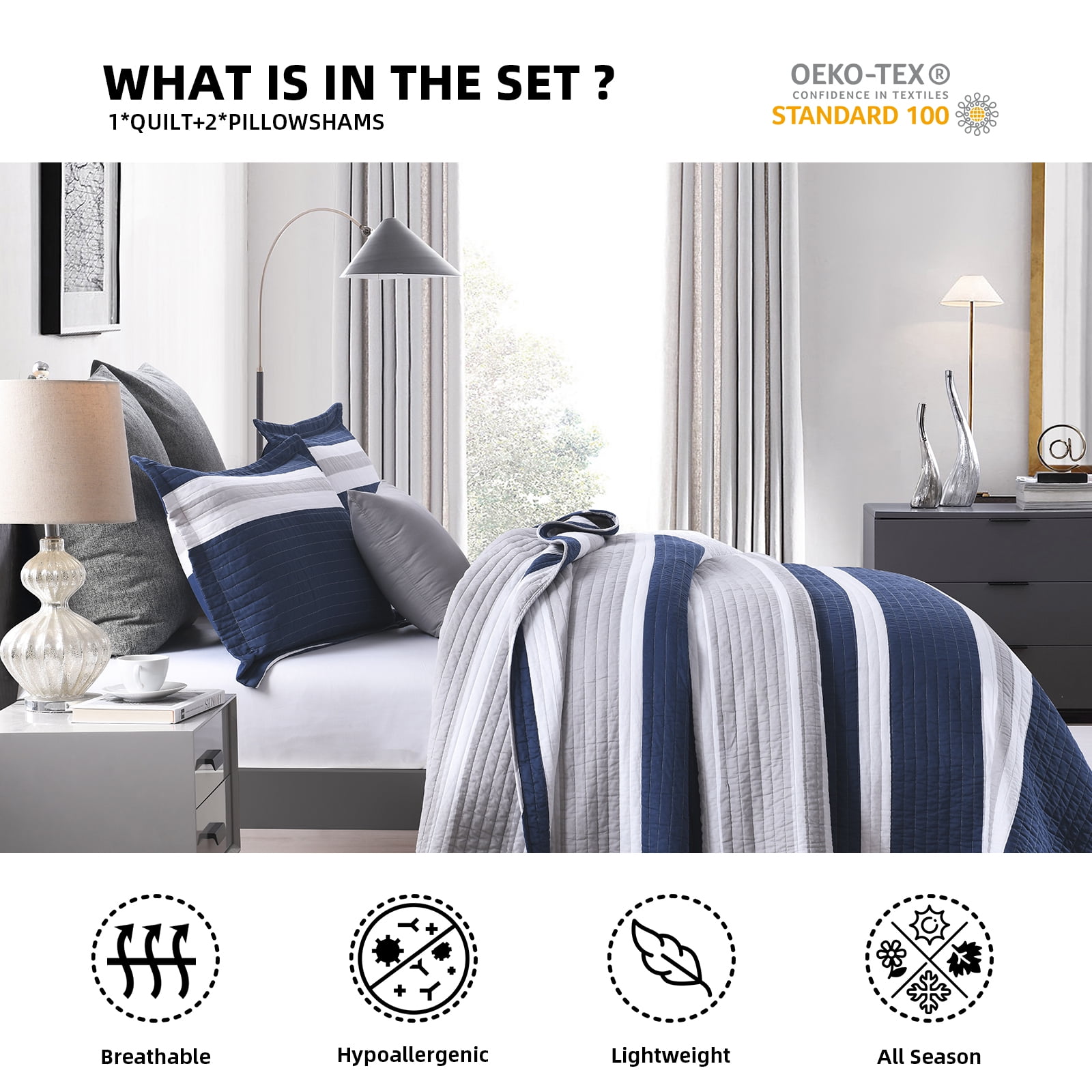 PANGUSHAN 100% Cotton Navy Blue Quilt King Size, King Quilt Bedding Set Quilted Bedspreads, Lightweight Reversible Striped Comforter for King Bed, All Season, Navy Blue, 3 Pieces