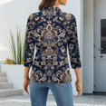 thumbnail image 3 of CCRFTGI 3/4 length sleeve womens tops Business Work Polo Shirts Athletic Lapel V Neck Collared Shirts Fall Vintage Ethnic Print Lightweight Button Tees Navy L, 3 of 4