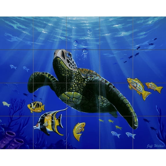 Tile Mural Bathroom Backsplash - Hawaiian Turtle - by Jeff Wilkie