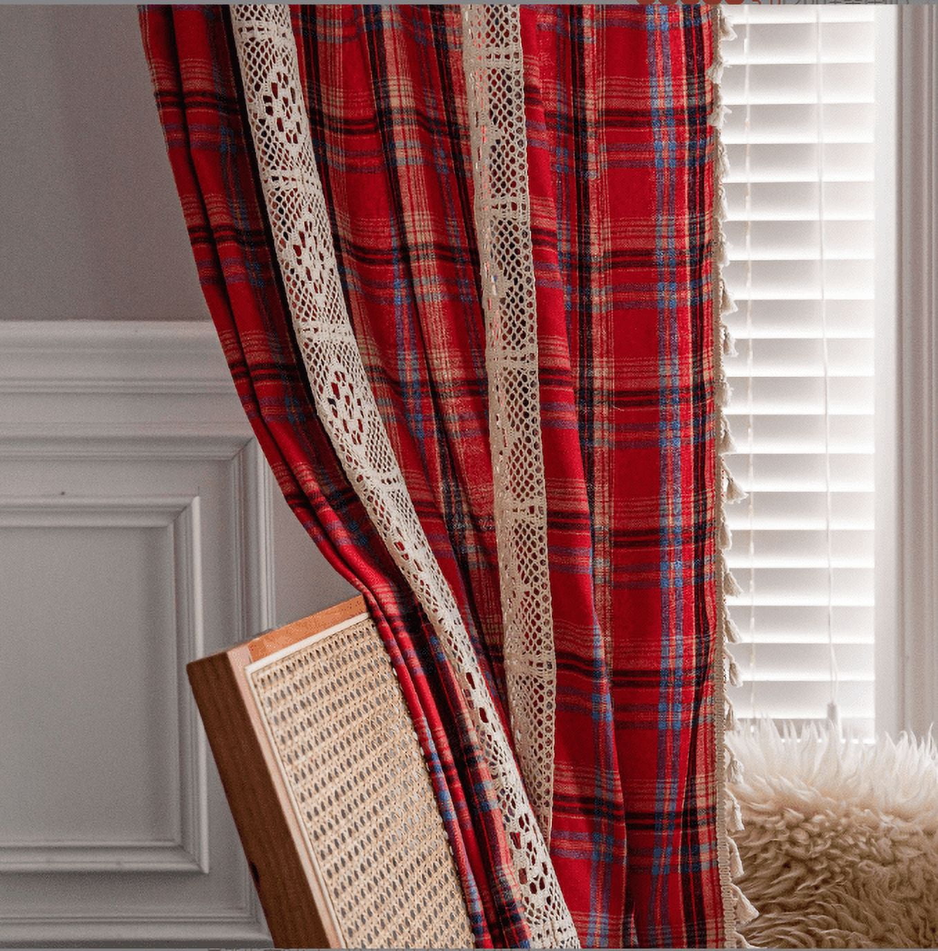 Boho Curtains Plaids for Bedroom, Semi Blackout Linen Farmhouse Tassels Window Treatment Bohemian Drape, Rod Pocket 1 Panel
