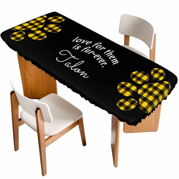 Cats Pawprints Table Cloths for 8 Foot Rectangle Tables, Yellow Black Buffalo Plaid Pets Paw Patio Waterproof Elastic Fitted Tablecloths, Washable Rectangular Table Cover for Camping
