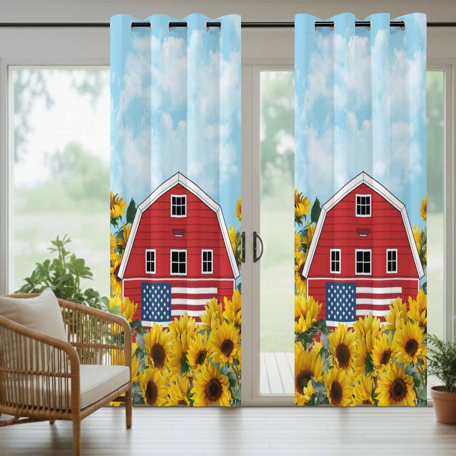 Independence Day Outdoor Curtains for Patio, U.S. Flag Themed Red Barn Farmhouse Sunflower Sunshade Privacy Drapes Grommet Waterproof Outside Curtains for Porch/Cabana/Balcony 54"x 108", 1 Panel